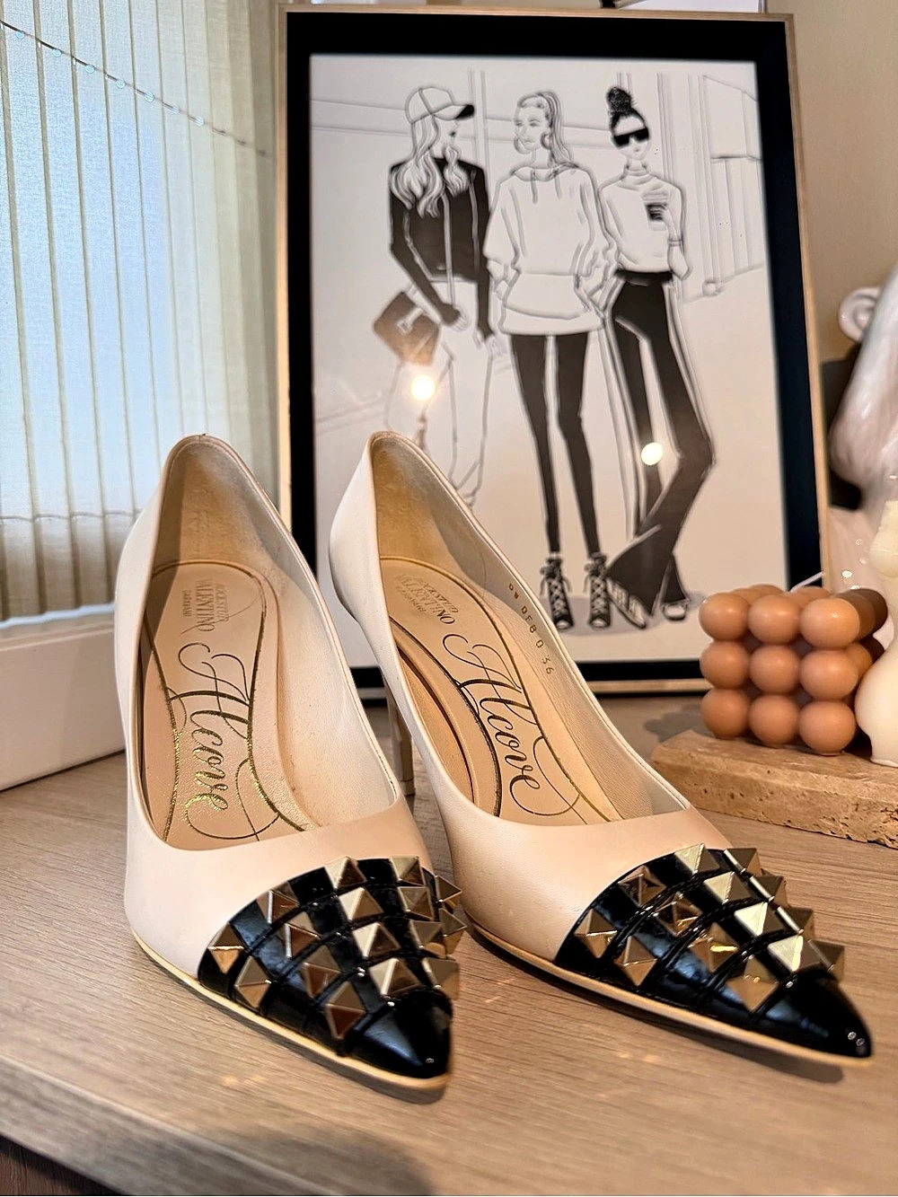 Valentino Studded Pointed-Toe Heels in White & Black Like New